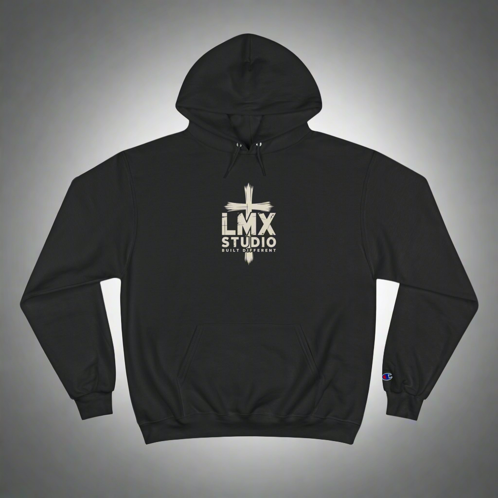 Champion × LMX Studio Hoodie – Premium Black Pullover Sweatshirt with Distressed Cross Logo | Built Different Streetwear