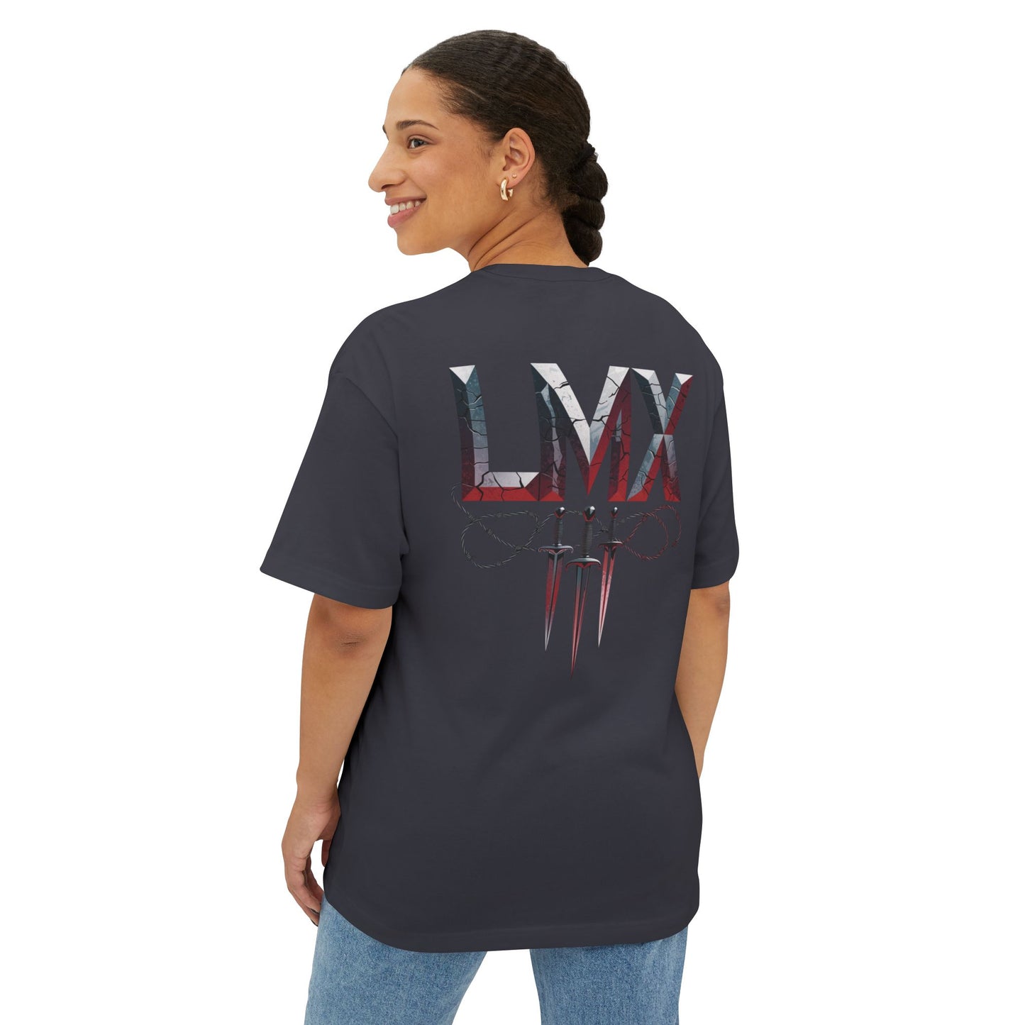 Navy Gray Unisex Oversized Boxy Tee – LMX Death Metal Grunge Design