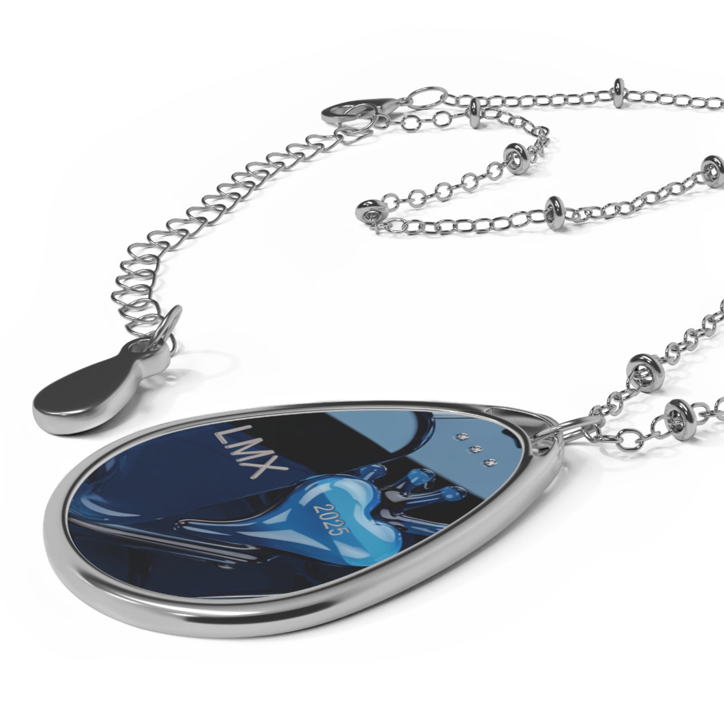 Oval Necklace - LMX Princess Blue Glass Pendant with Heart Design and Gold Lettering - Elegant Statement Jewelry