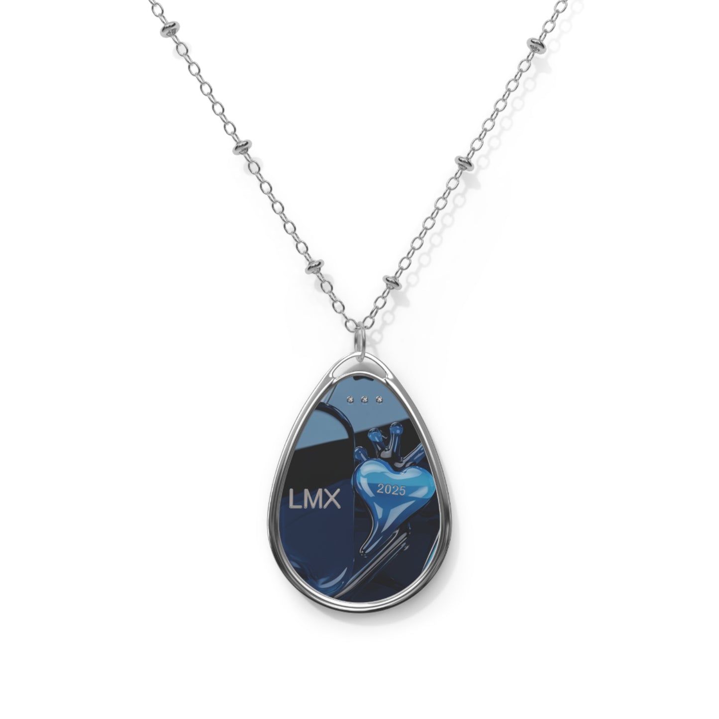 Oval Necklace - LMX Princess Blue Glass Pendant with Heart Design and Gold Lettering - Elegant Statement Jewelry