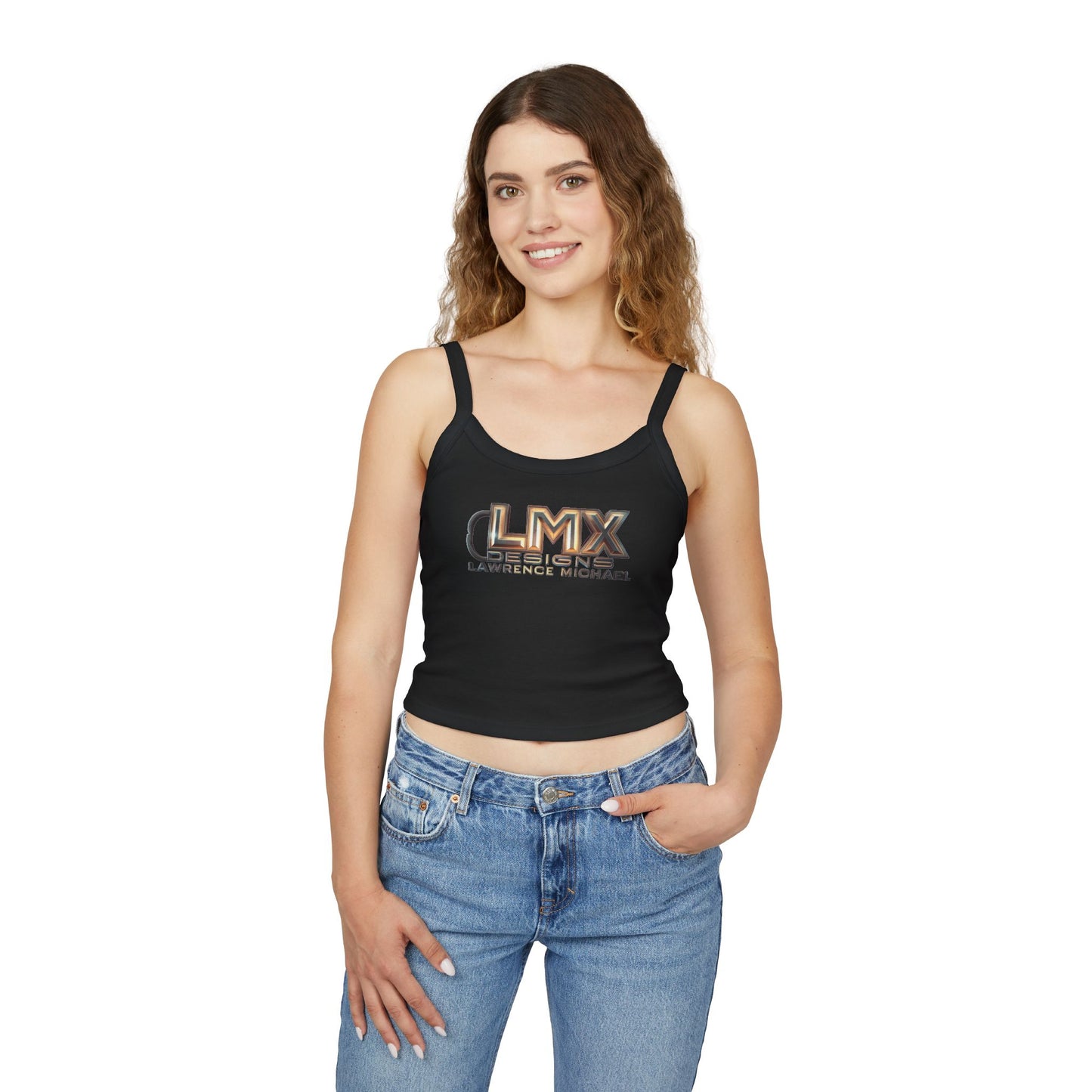 LMX Women’s Spaghetti Strap Tank Top – Bold 3D Gold Logo Design