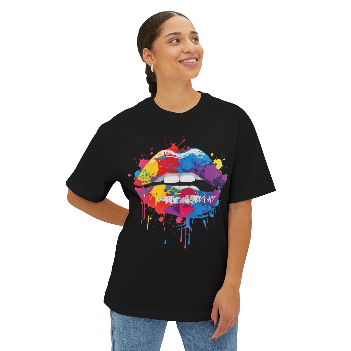 LMX Designs Colorful Splash Paint Lips Oversized Tee