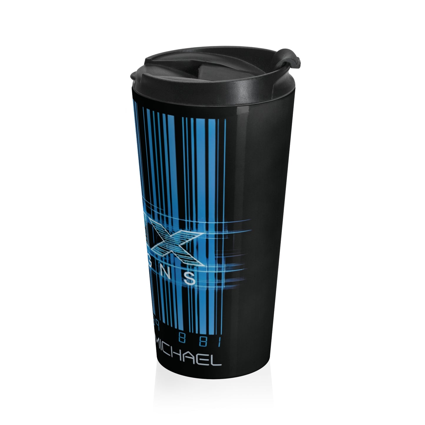 LMX Blue Barcode: Futurist Stainless Steel Travel Mug