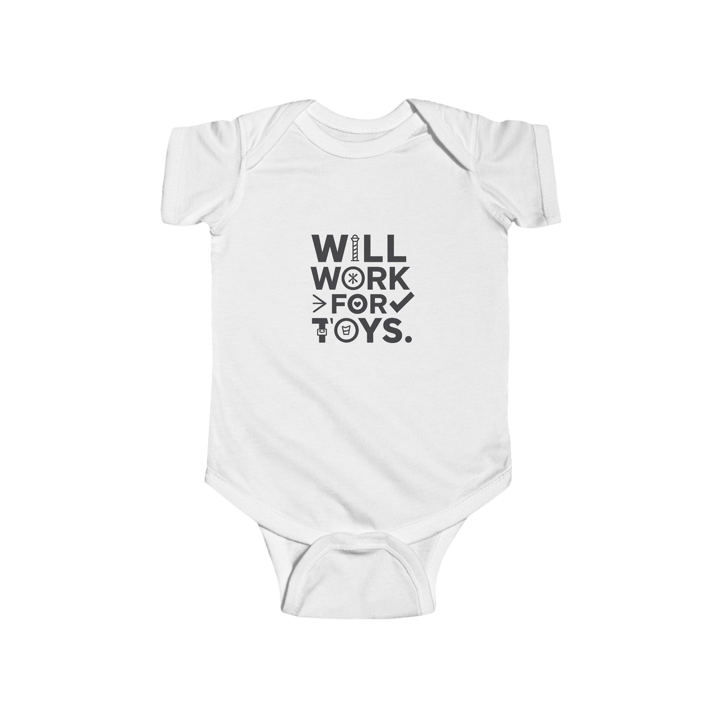 LMX “Will Work For Toys” Baby Onesie – Playful Edition