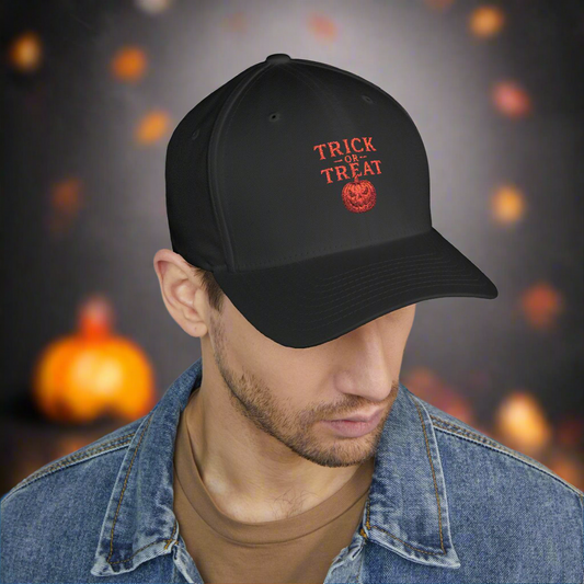 LMX Studio FlexFit Trick or Treat Halloween Hat in Black or White Premium Chrome Design with LMX Studio and Lawrence Michael Branding
