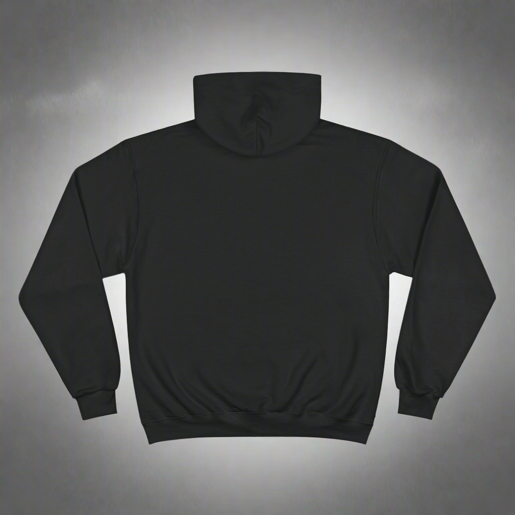 Champion × LMX Studio Hoodie – Premium Black Pullover Sweatshirt with Distressed Cross Logo | Built Different Streetwear