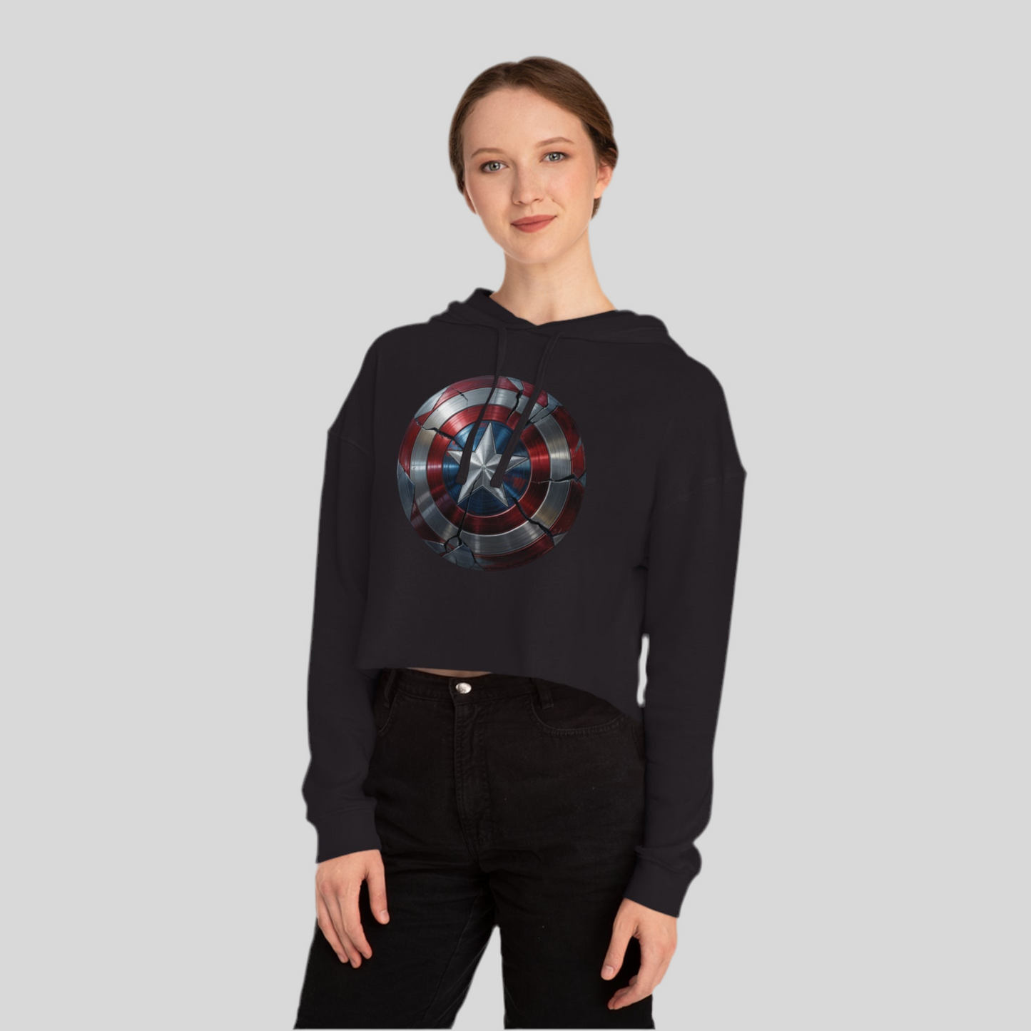 Heroic Vibes Women's Cropped Hooded Sweatshirt - Captain's Shield Design