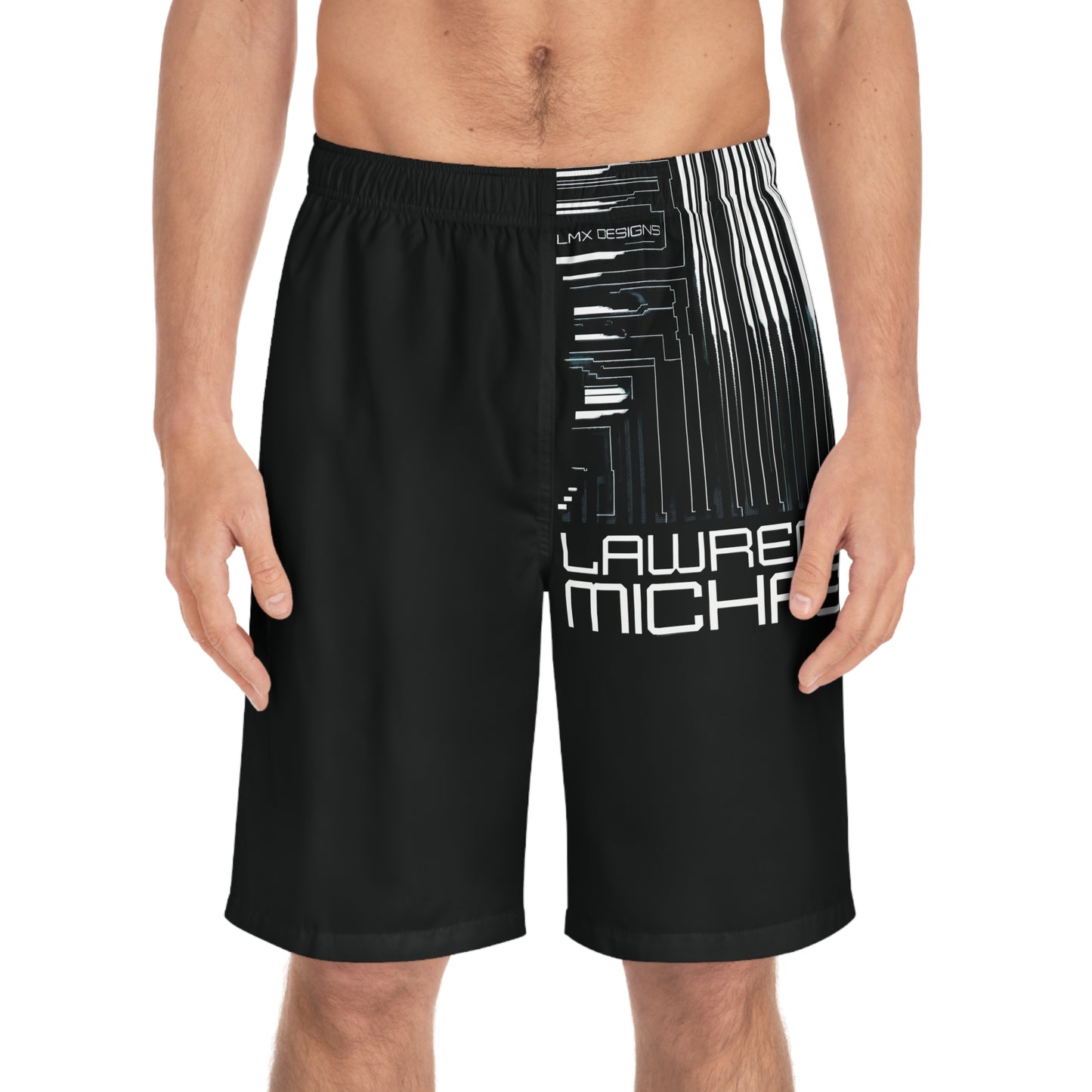 LMX Designs Futuristic Barcode Board Shorts – Cyberpunk-Inspired Swimwear