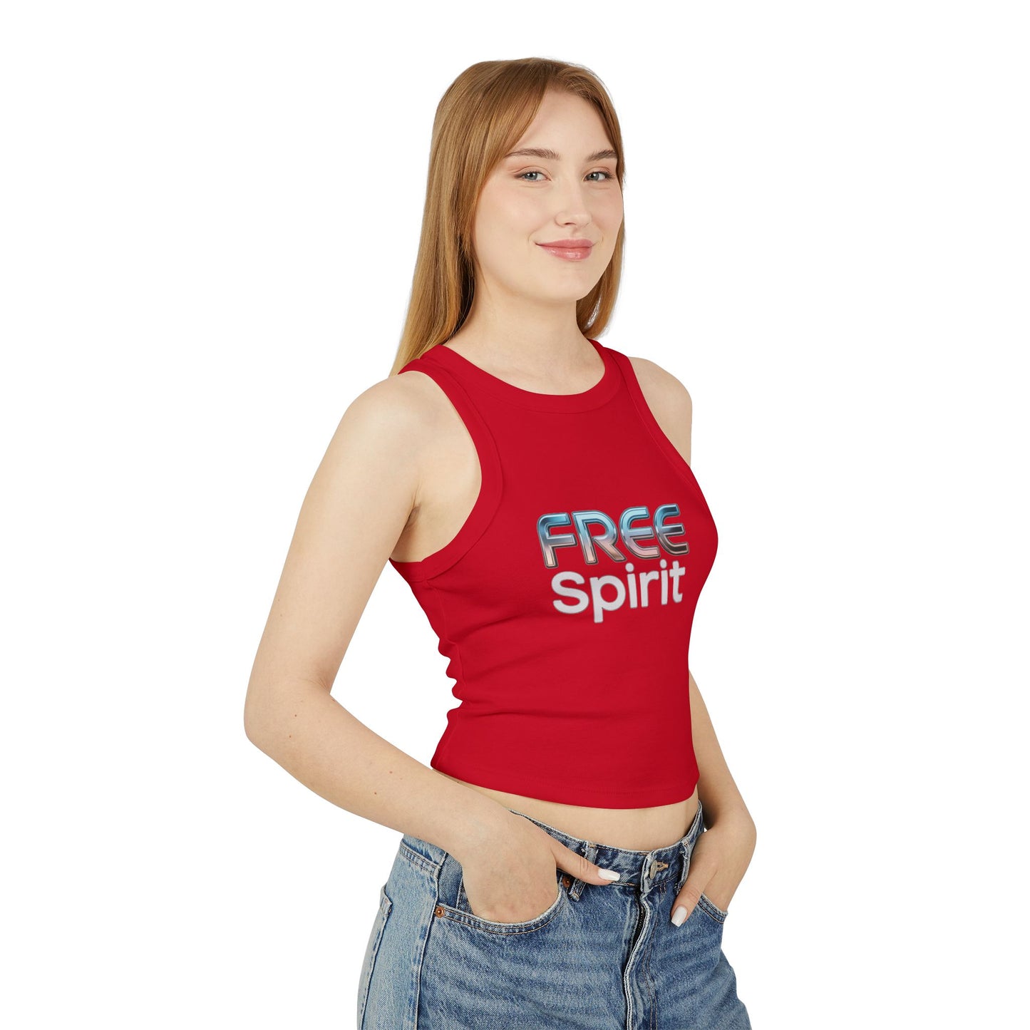 LMX Designs Women’s Micro Rib Racer Tank Top with 3D Glowing Metallic ‘FREE SPIRIT’ Logo