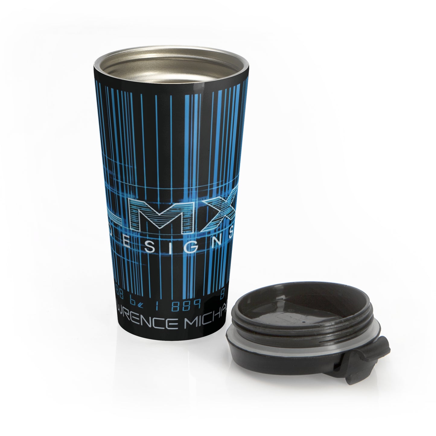 LMX Blue Barcode: Futurist Stainless Steel Travel Mug
