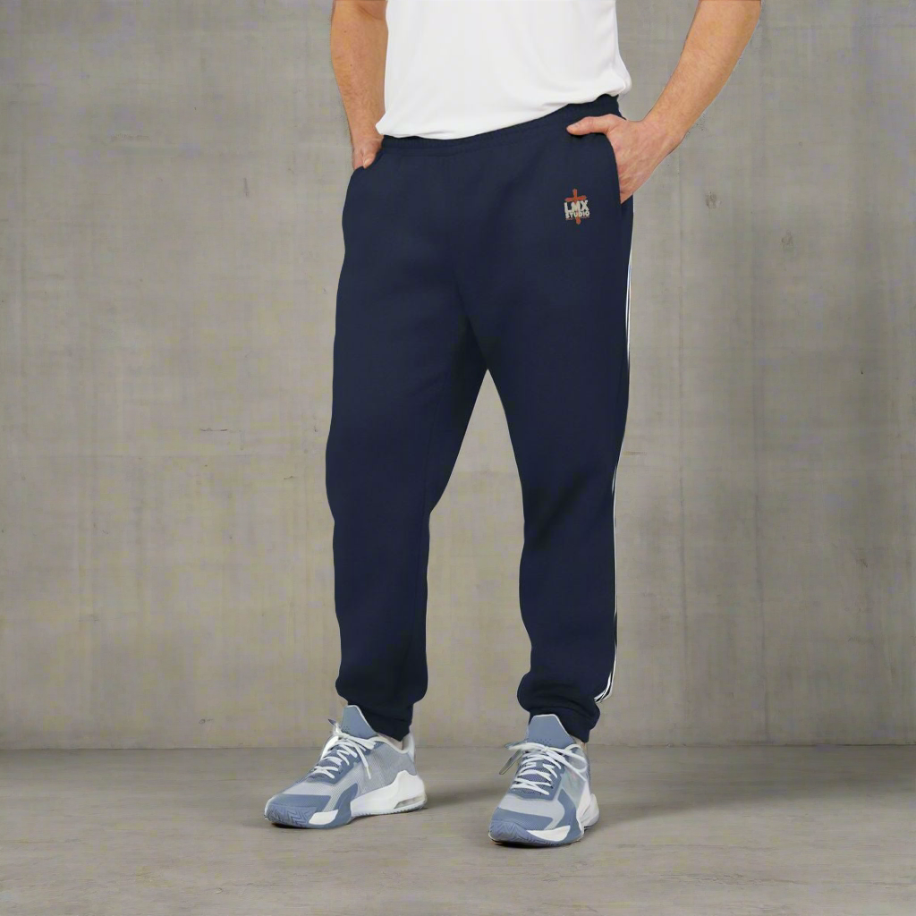 Authentic Adidas joggers customized by LMX Studio. Built Different sweatpants in Black, Navy, Dark Gray & Black. Premium streetwear, Adidas quality.
