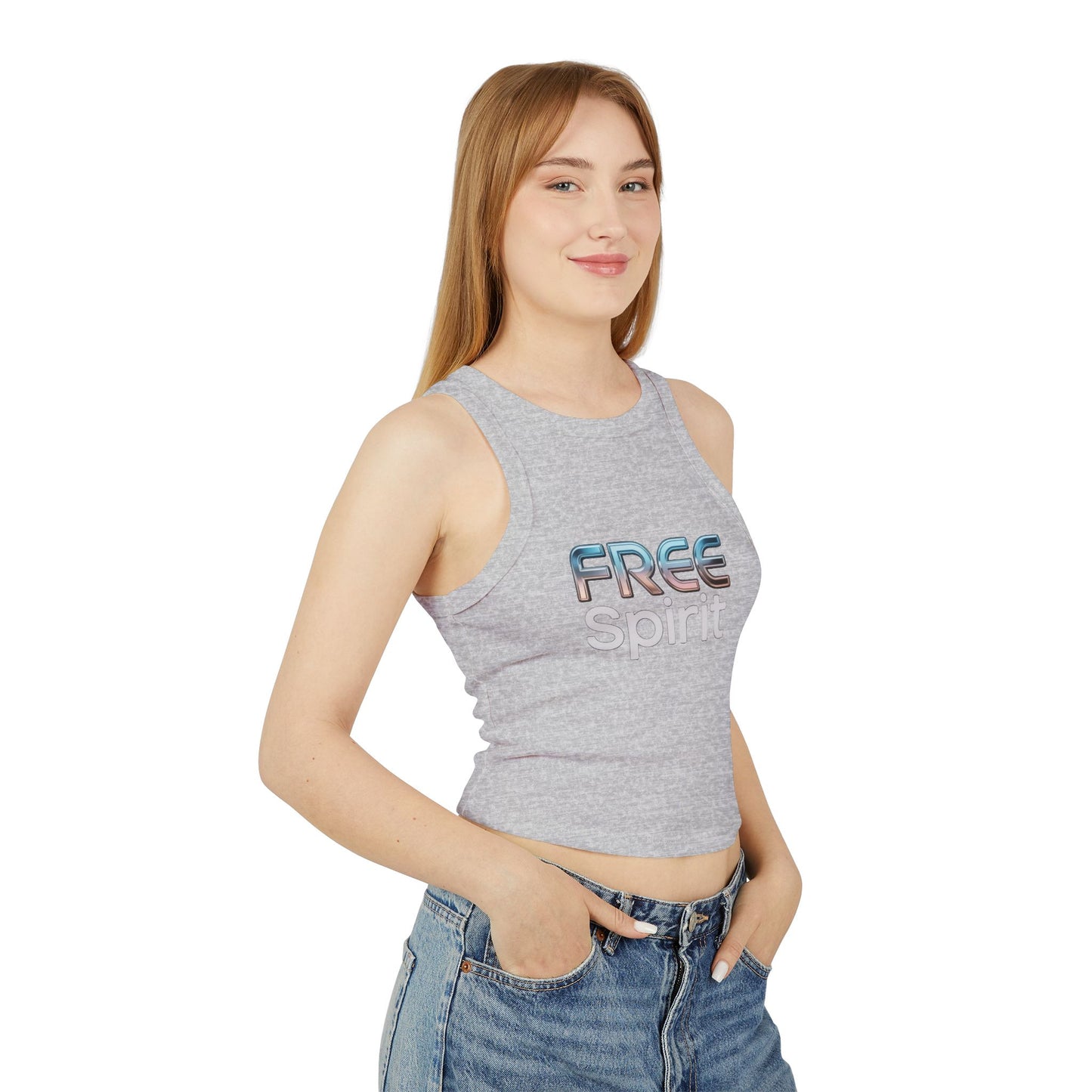 LMX Designs Women’s Micro Rib Racer Tank Top with 3D Glowing Metallic ‘FREE SPIRIT’ Logo