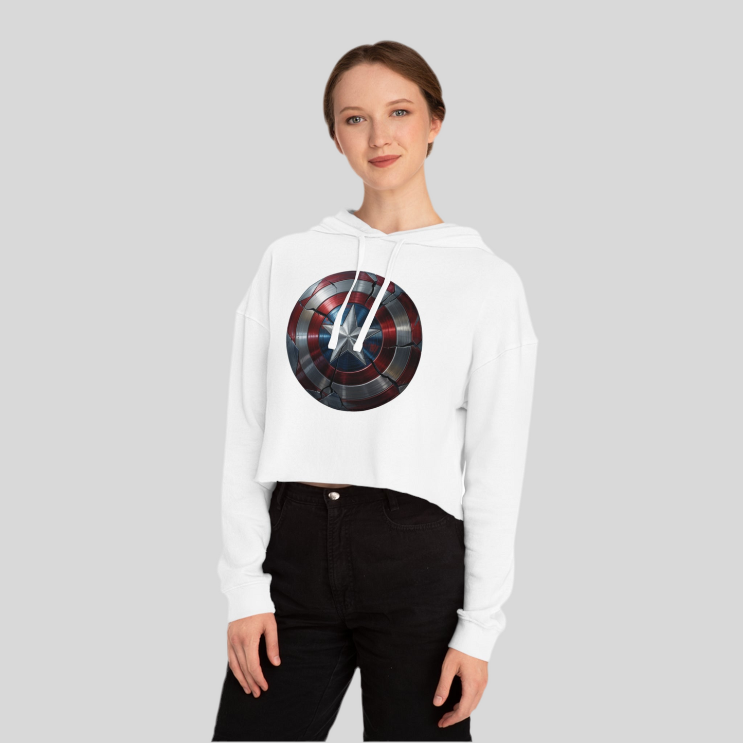 Heroic Vibes Women's Cropped Hooded Sweatshirt - Captain's Shield Design