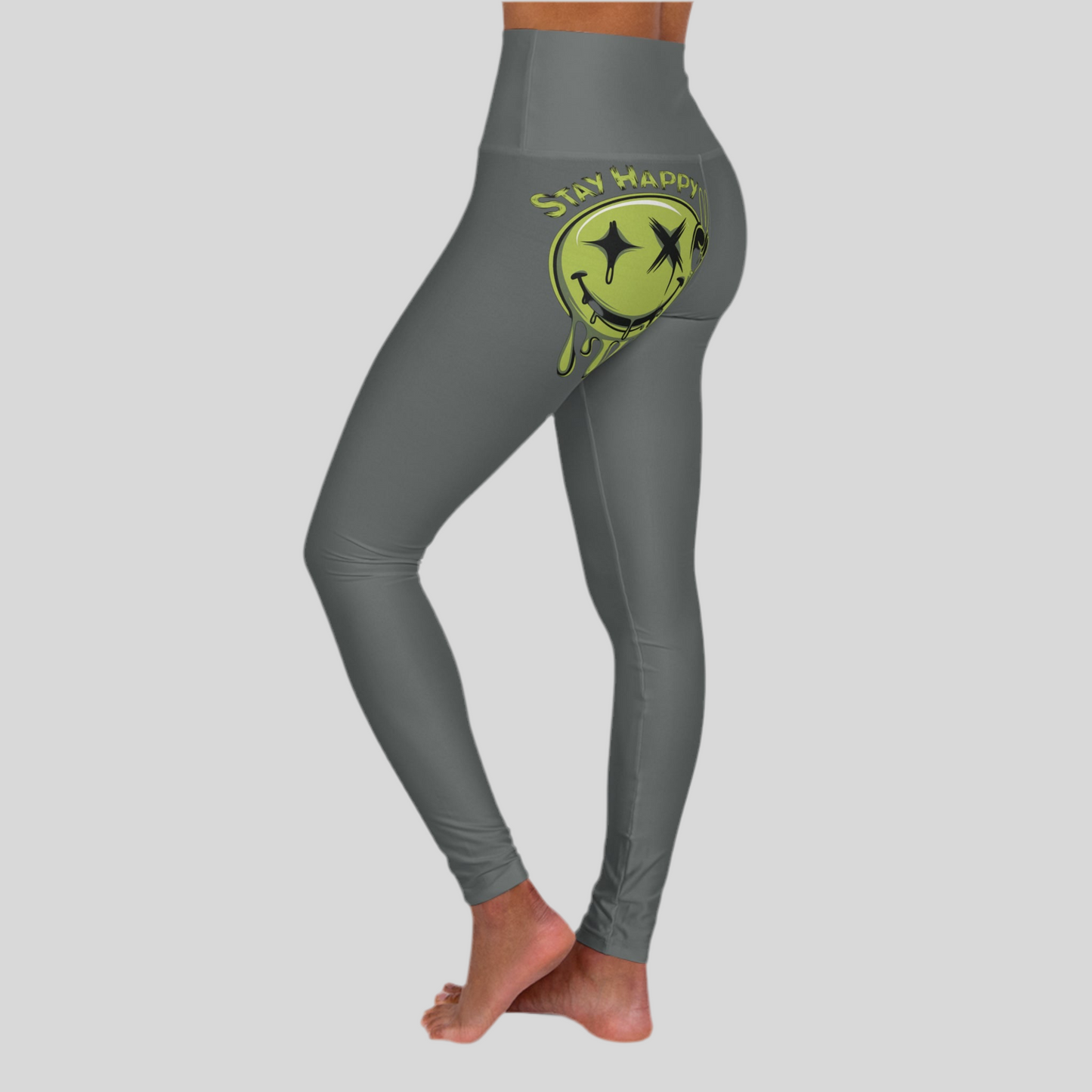 LMX Designs - “Stay Happy” Gray Leggings with Smiley Face Detail on the Left Glute