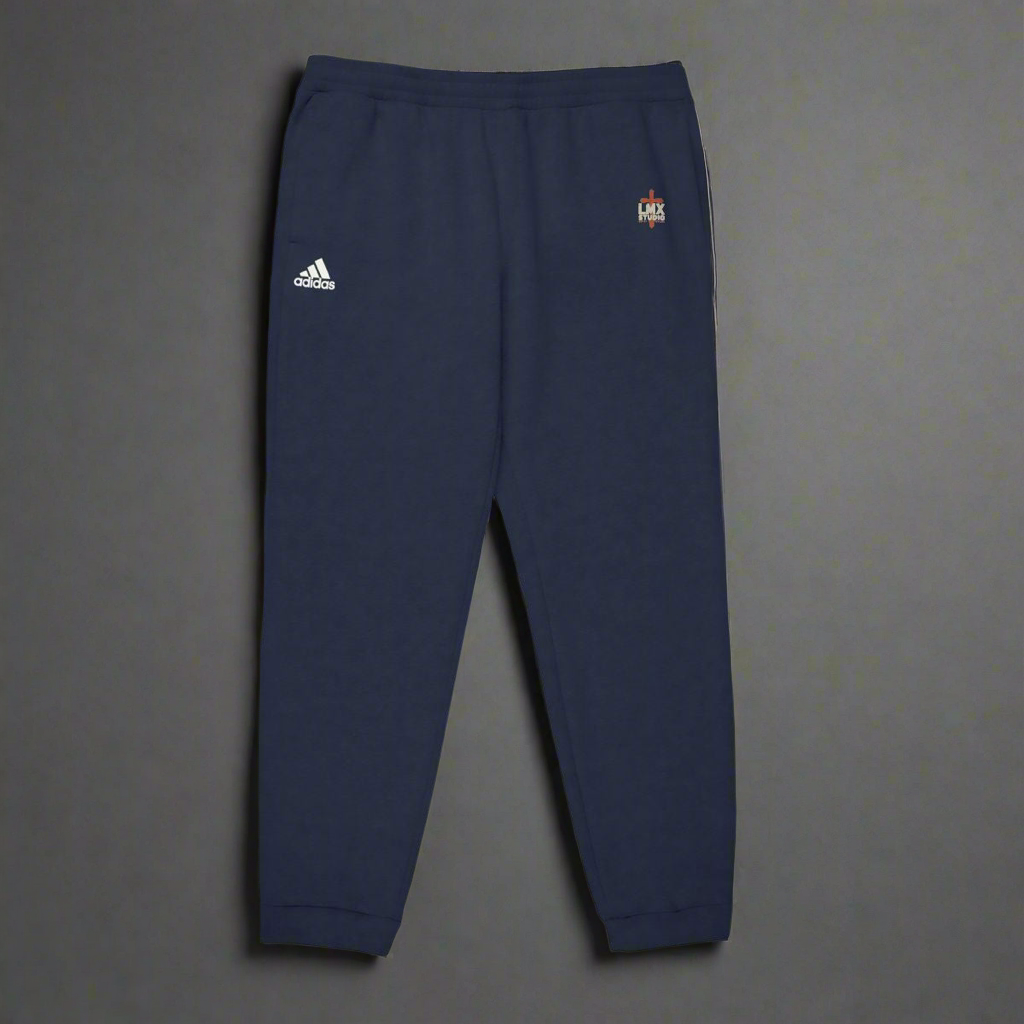 Authentic Adidas joggers customized by LMX Studio. Built Different sweatpants in Black, Navy, Dark Gray & Black. Premium streetwear, Adidas quality.