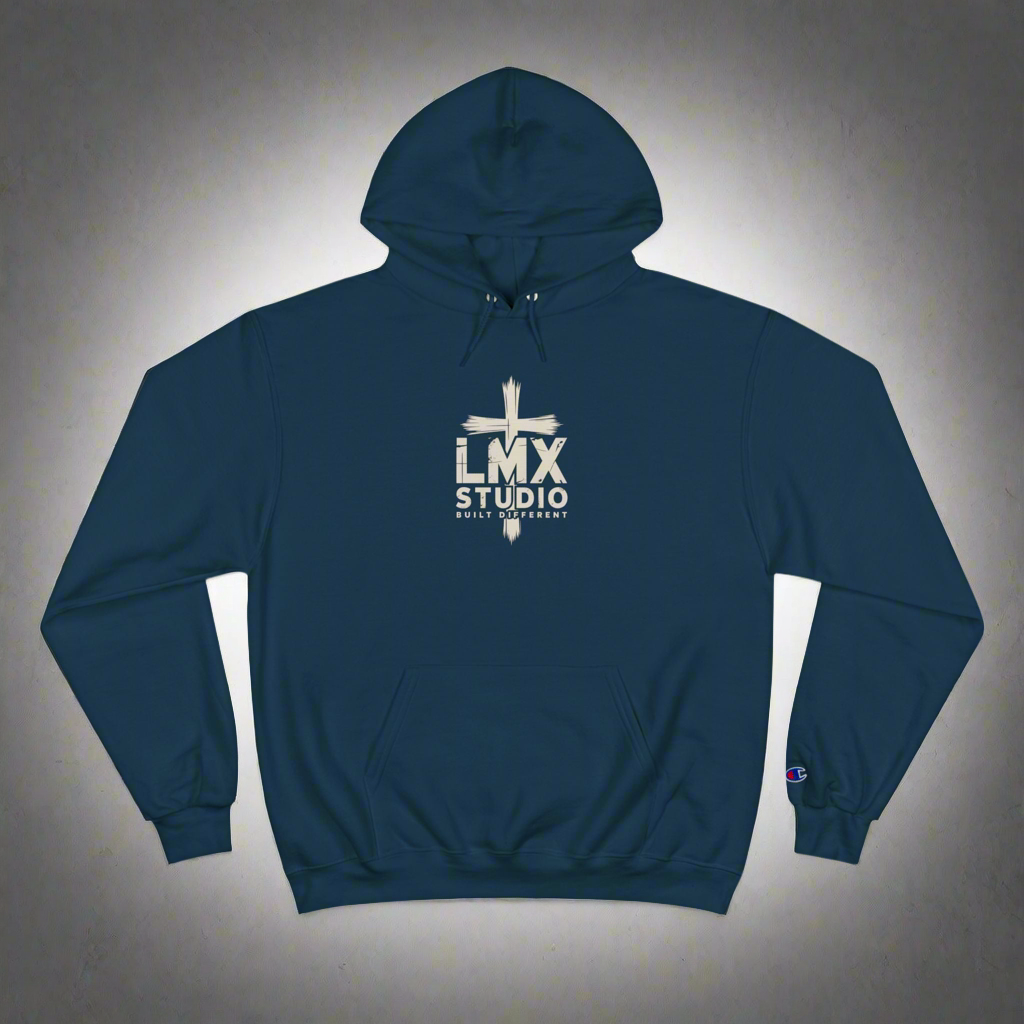 Champion × LMX Studio Hoodie – Premium Black Pullover Sweatshirt with Distressed Cross Logo | Built Different Streetwear