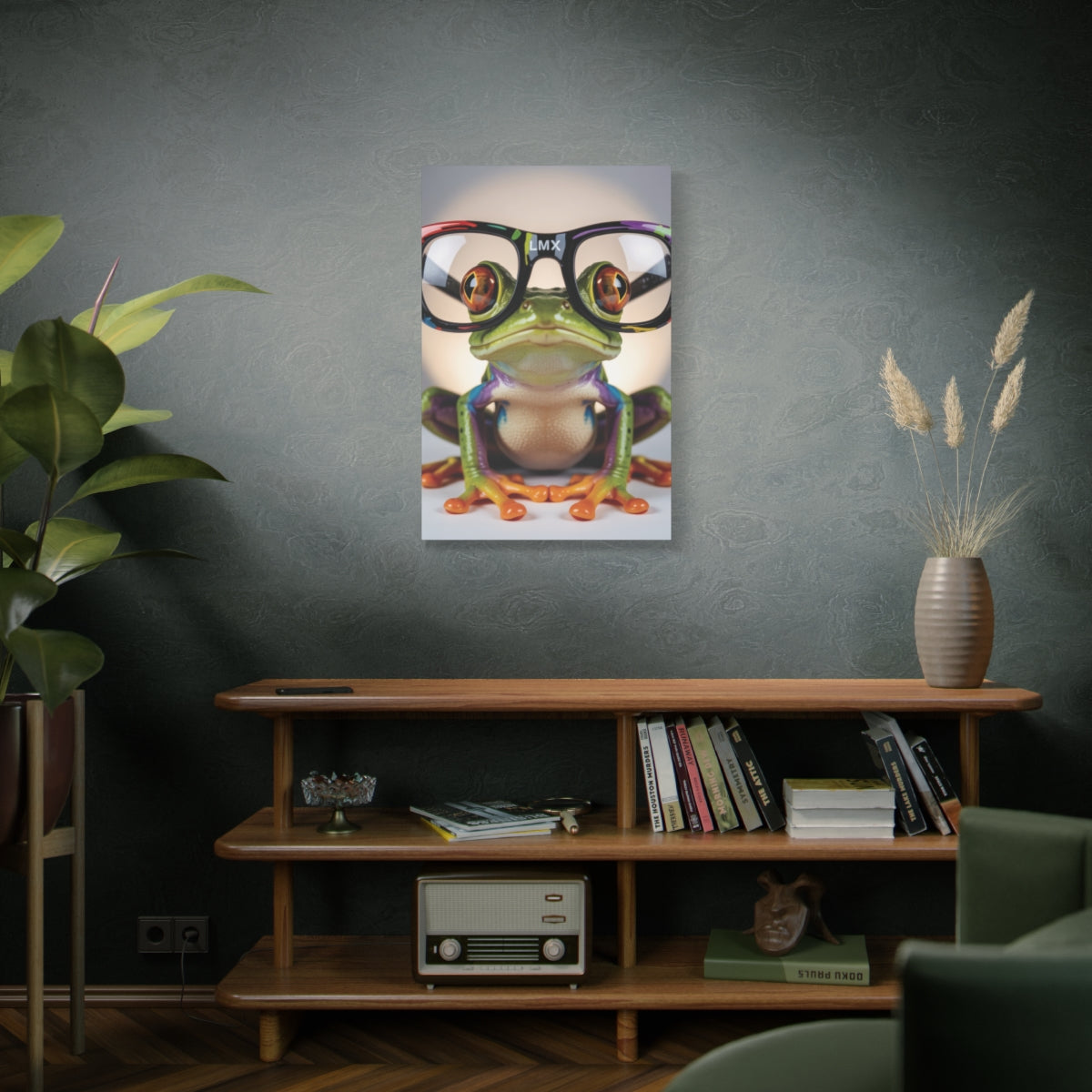 LMX Signature Frog Wall Art — 24×36 Gallery Wrapped Canvas | Colorful Red-Eyed Tree Frog with Glasses | Modern Pop Art by Lawrence Michael