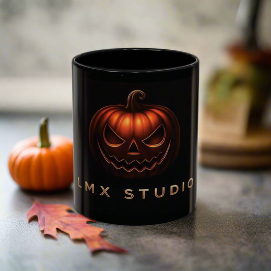 LMX Studio 11oz Premium Halloween Mug Creepy Pumpkin Edition Black and Orange Chrome Coffee Cup Limited Collector Release