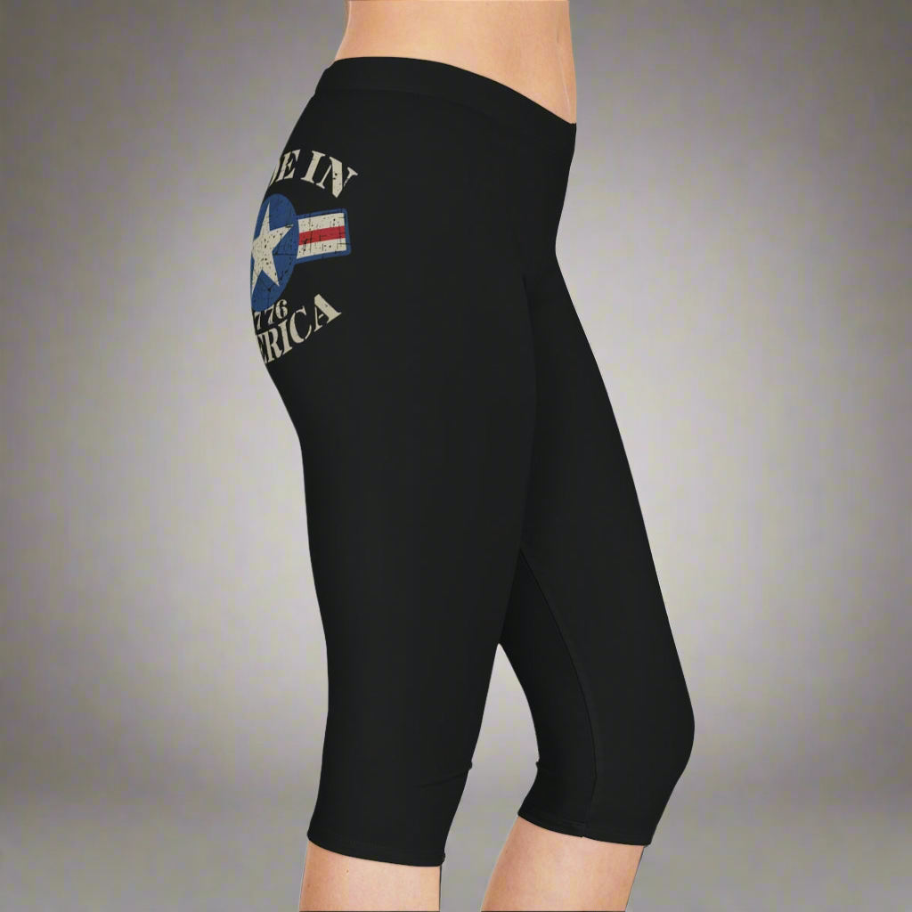 Patriotic Women’s Capri Leggings – “Made in America” 1776 Star Logo | Athletic USA Pride Workout Pants
