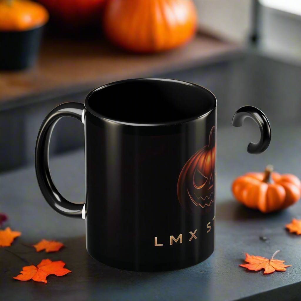 LMX Studio 11oz Premium Halloween Mug Creepy Pumpkin Edition Black and Orange Chrome Coffee Cup Limited Collector Release