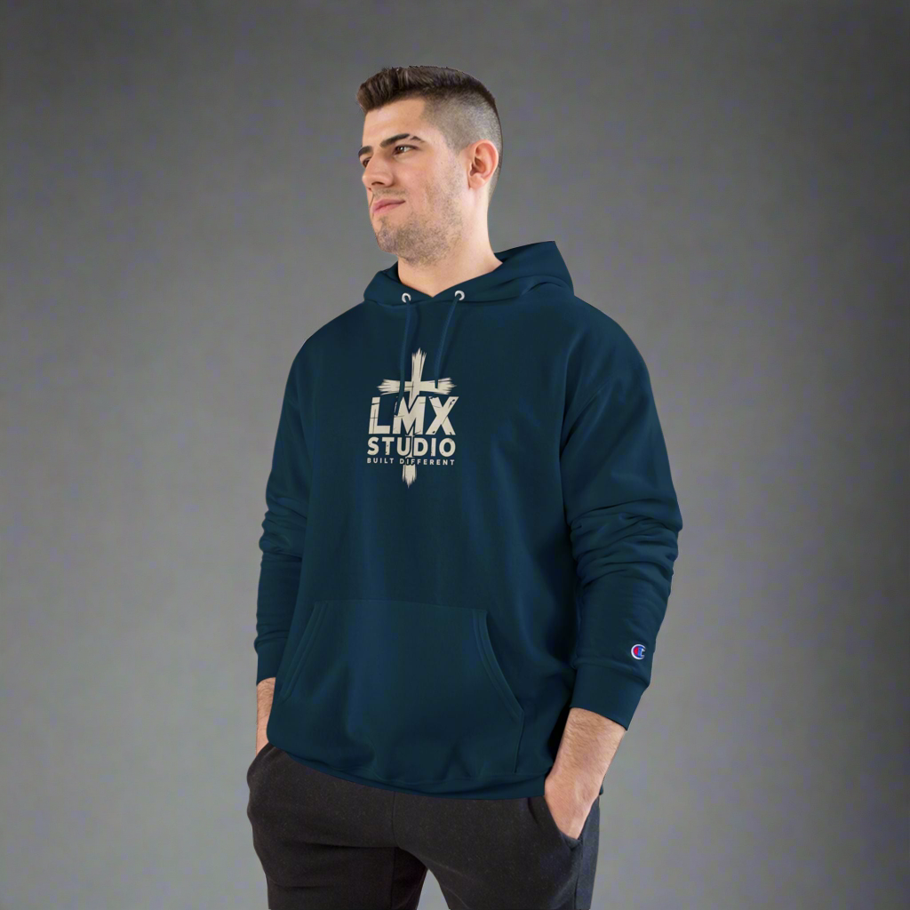 Champion × LMX Studio Hoodie – Premium Black Pullover Sweatshirt with Distressed Cross Logo | Built Different Streetwear