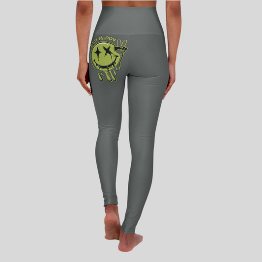 LMX Designs - “Stay Happy” Gray Leggings with Smiley Face Detail on the Left Glute