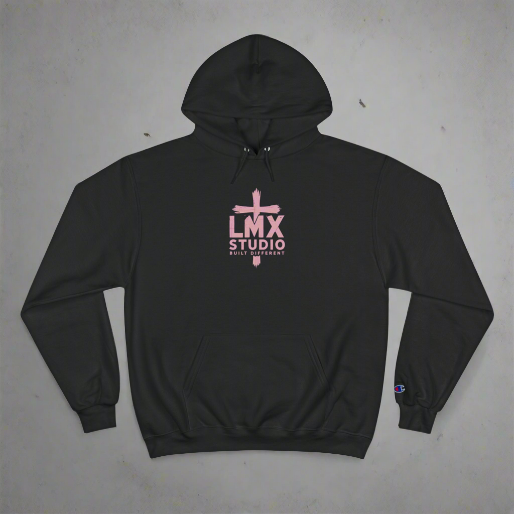 LMX Studio Women’s Champion Hoodie – Premium Streetwear with Distressed Pink Cross Logo