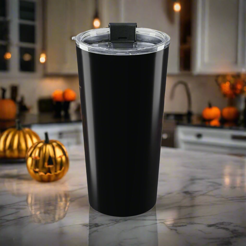 LMX Studio 20oz Premium Stainless Steel Tumbler – Spooky Halloween Limited Edition | Double Wall Insulated Coffee Cup | Black and Orange Chrome Design