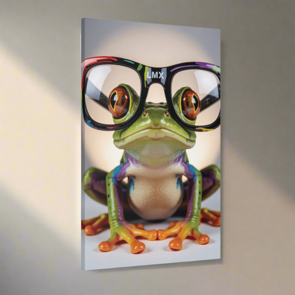 LMX Signature Frog Wall Art — 24×36 Gallery Wrapped Canvas | Colorful Red-Eyed Tree Frog with Glasses | Modern Pop Art by Lawrence Michael