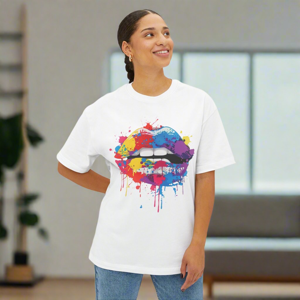 LMX Designs Colorful Splash Paint Lips Oversized Tee