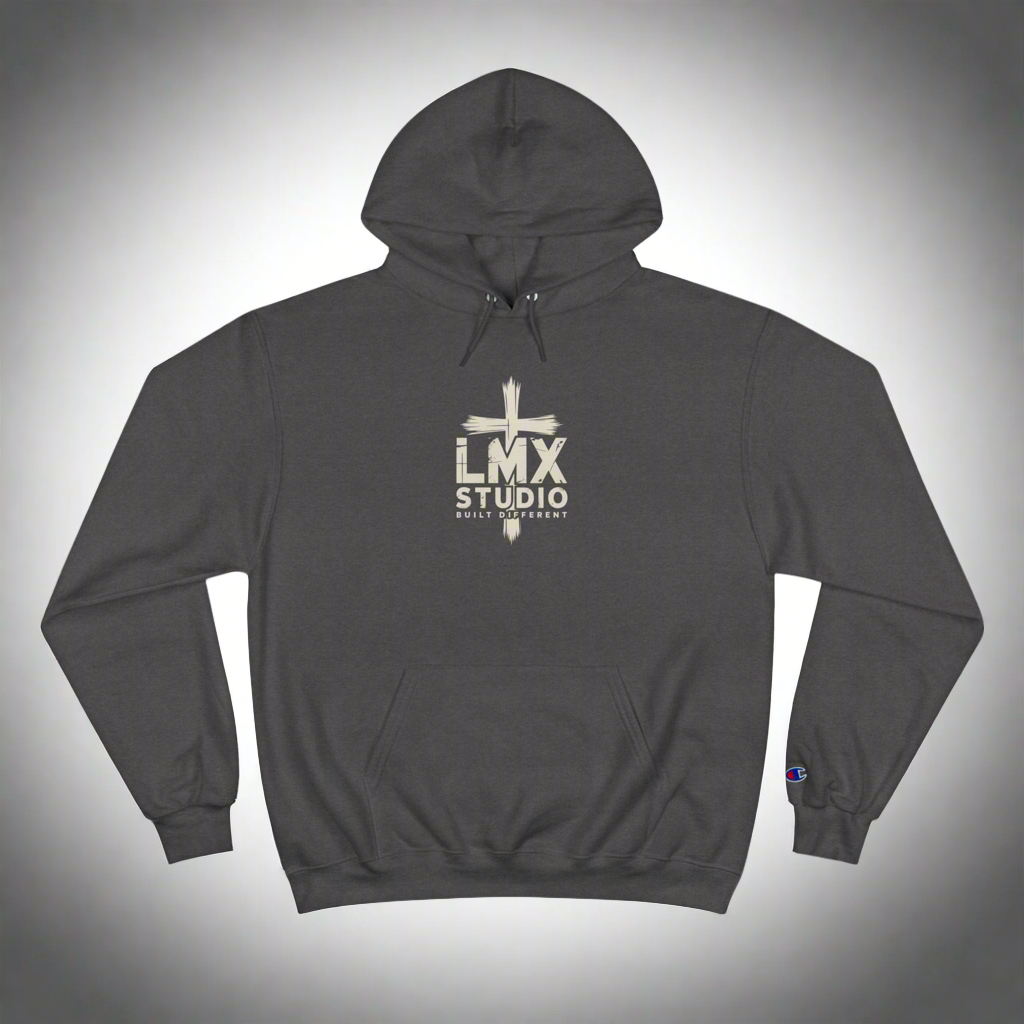 Champion × LMX Studio Hoodie – Premium Black Pullover Sweatshirt with Distressed Cross Logo | Built Different Streetwear