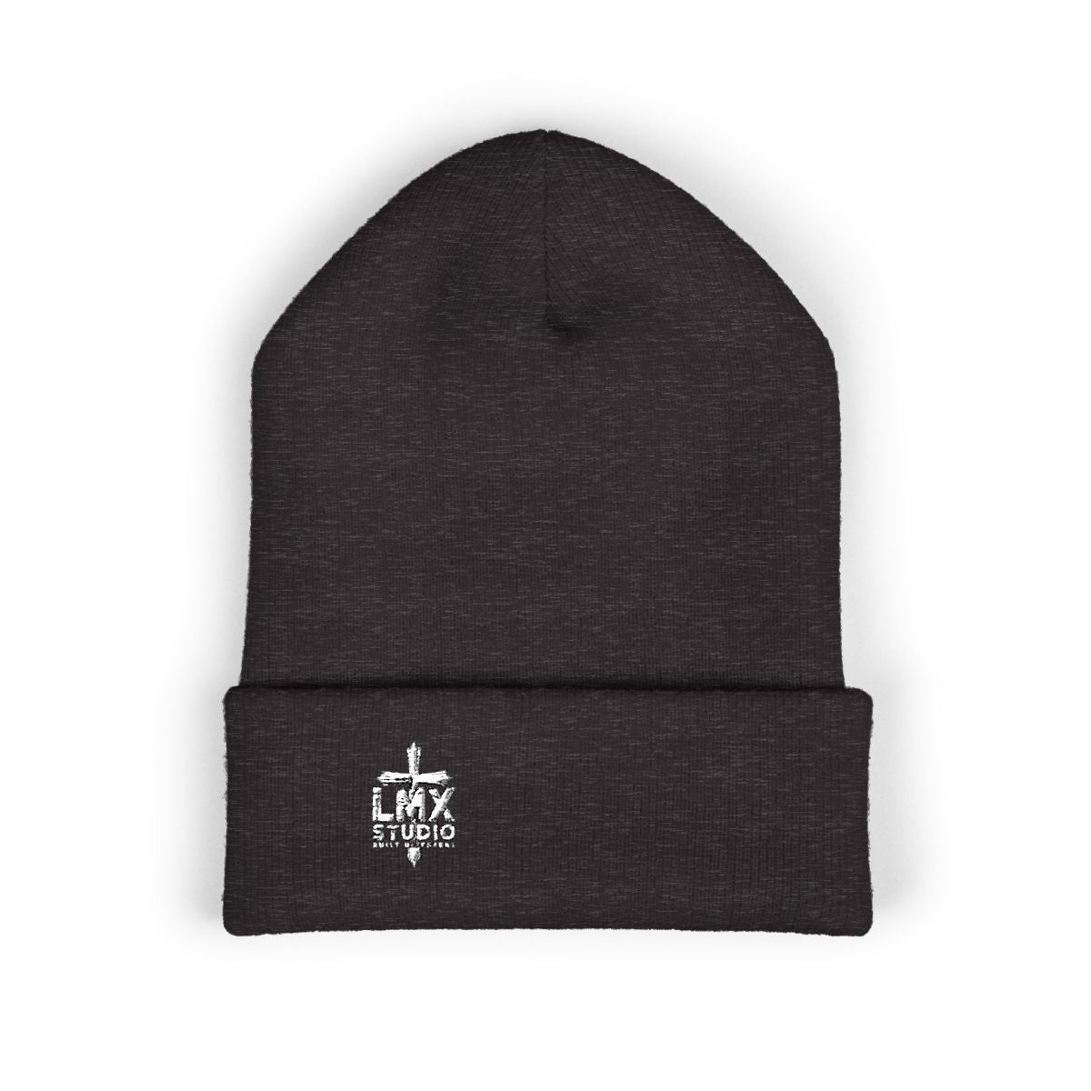 LMX Studio Puff Print Beanie Built Different Embossed Logo Premium Black and Dark Grey Knit Winter Hat
