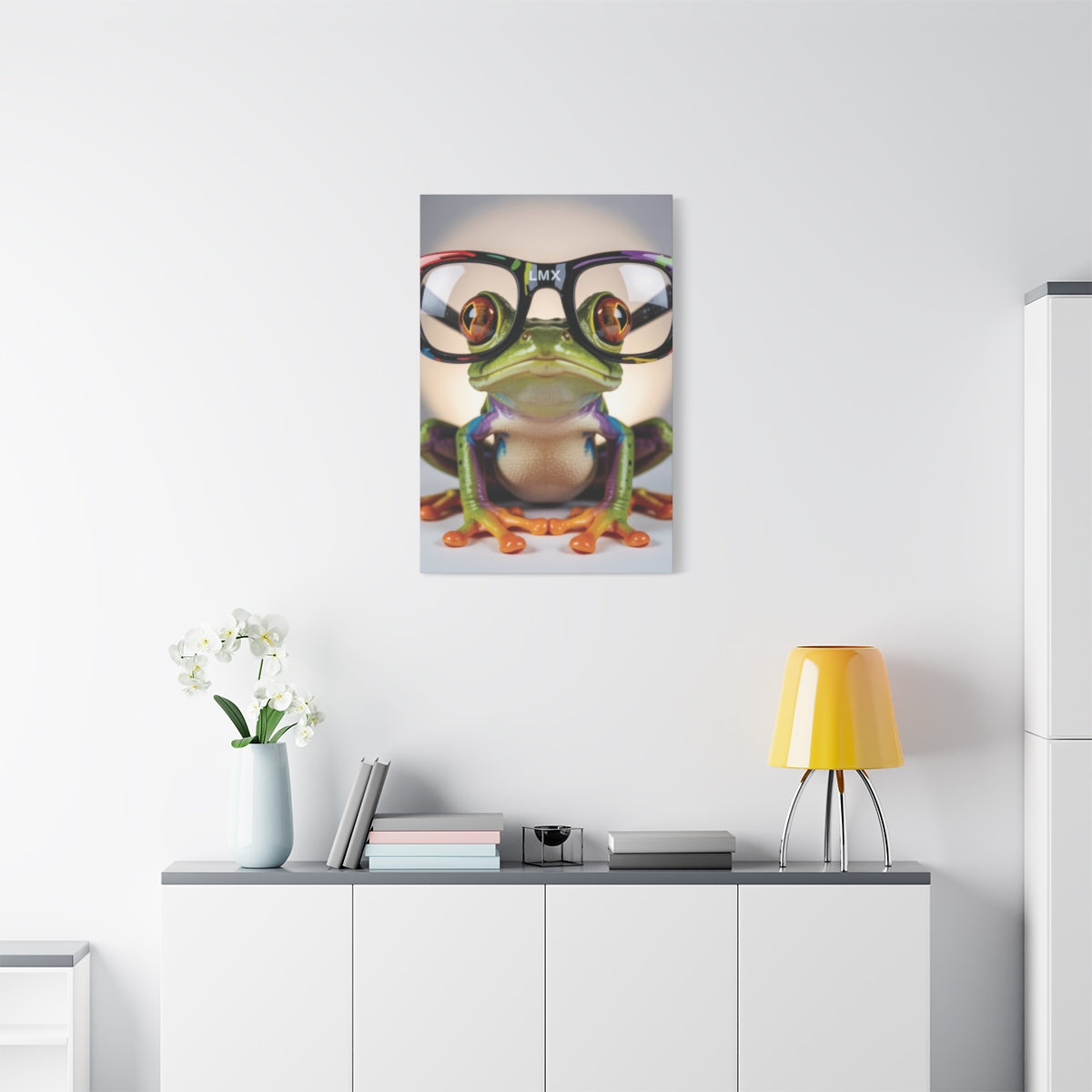 LMX Signature Frog Wall Art — 24×36 Gallery Wrapped Canvas | Colorful Red-Eyed Tree Frog with Glasses | Modern Pop Art by Lawrence Michael