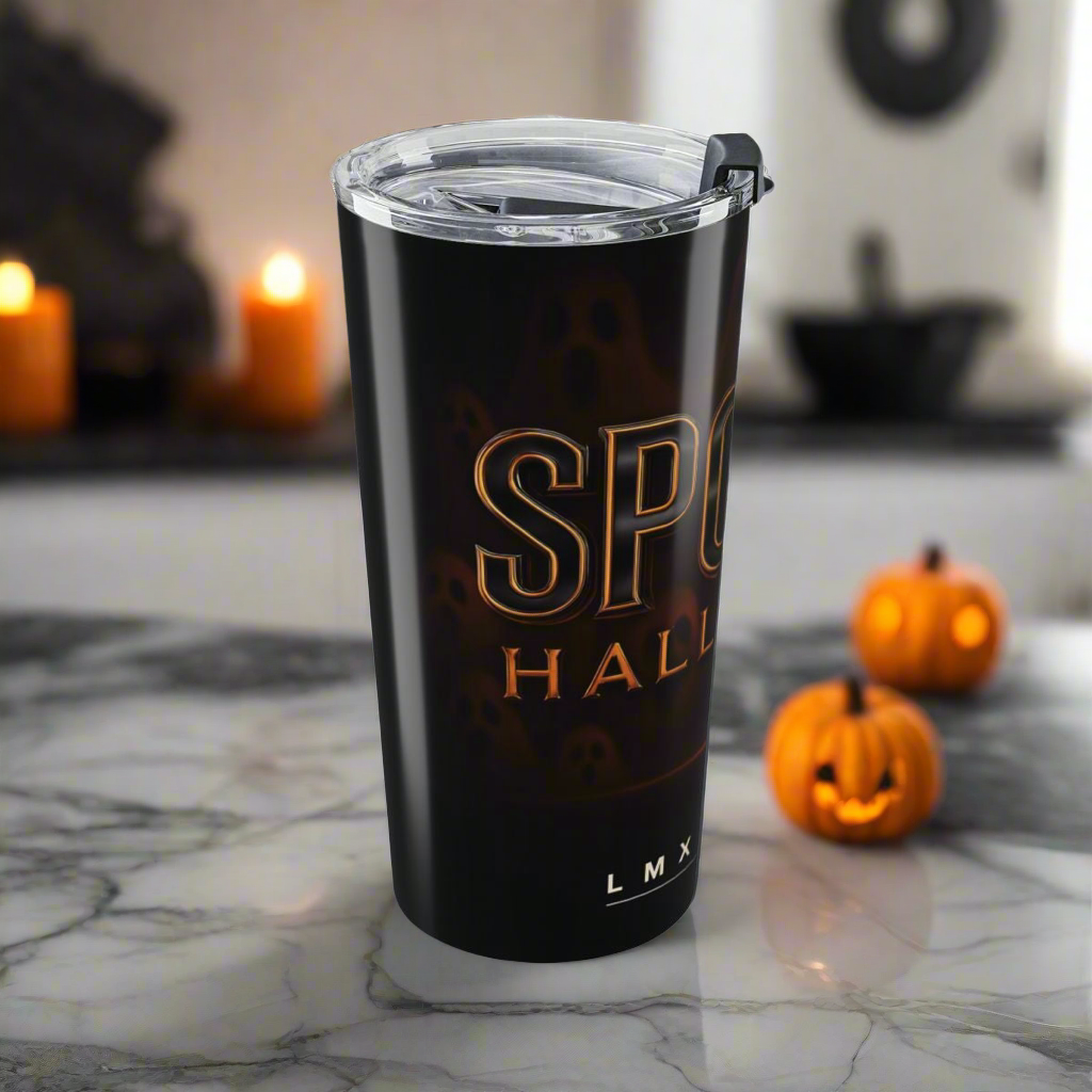 LMX Studio 20oz Premium Stainless Steel Tumbler – Spooky Halloween Limited Edition | Double Wall Insulated Coffee Cup | Black and Orange Chrome Design