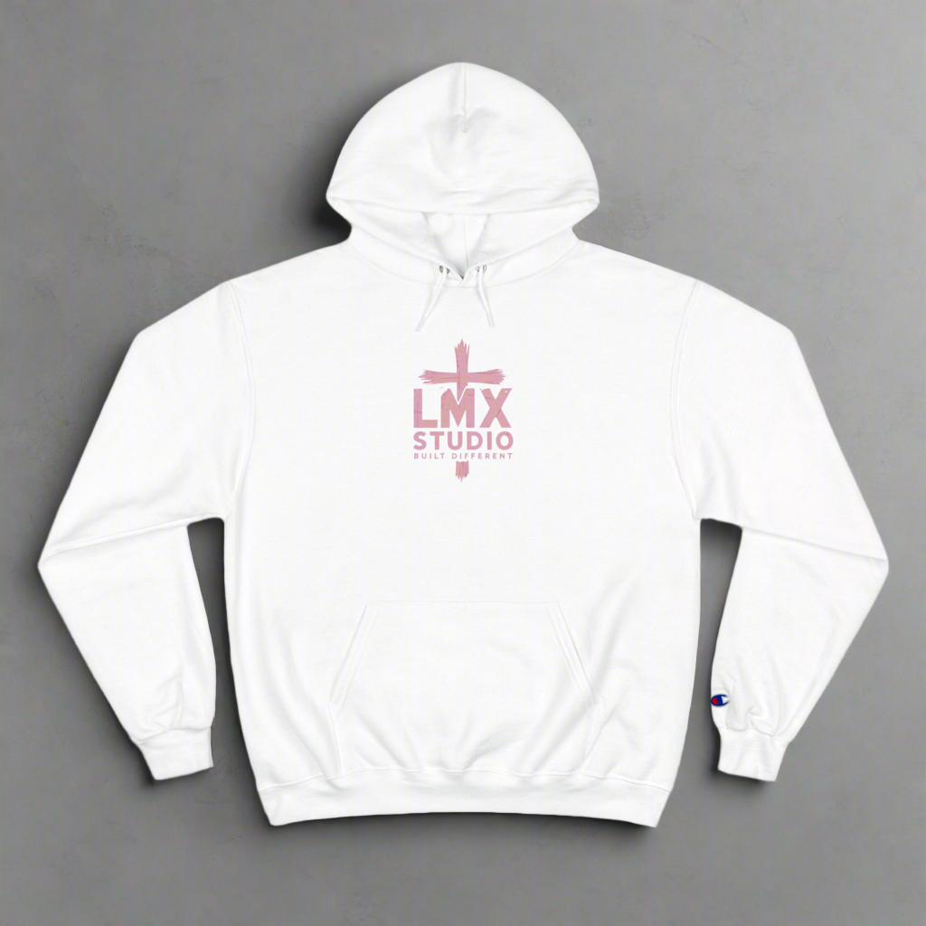 LMX Studio Women’s Champion Hoodie – Premium Streetwear with Distressed Pink Cross Logo