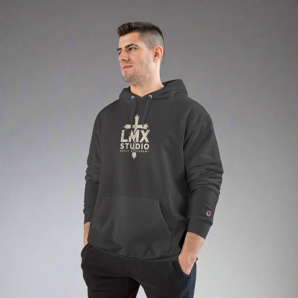 Champion × LMX Studio Hoodie – Premium Black Pullover Sweatshirt with Distressed Cross Logo | Built Different Streetwear