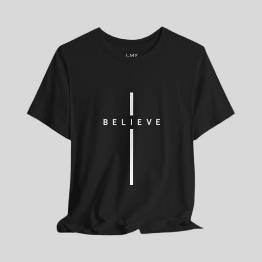 LMX Studio “BELIEVE” Cross Tee – Minimalist Streetwear Message Tee