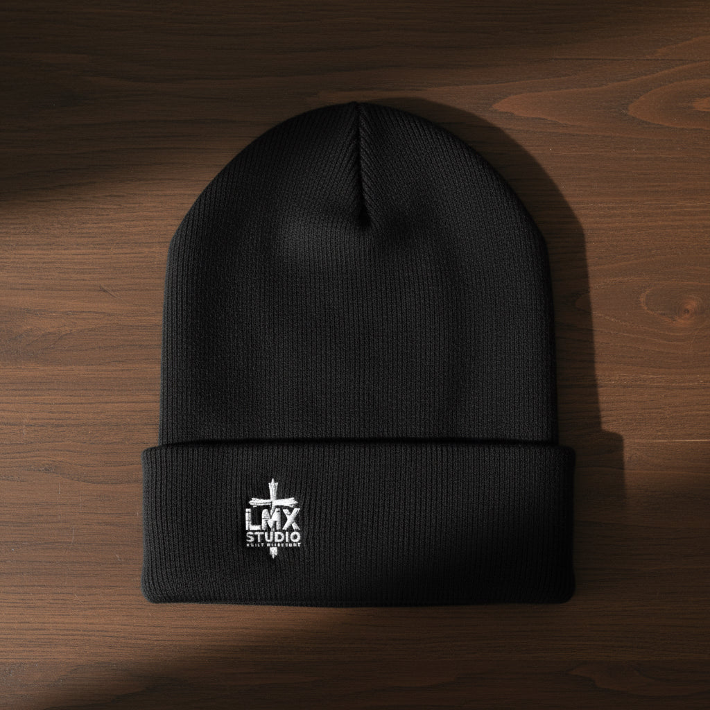 LMX Studio Puff Print Beanie Built Different Embossed Logo Premium Black and Dark Grey Knit Winter Hat