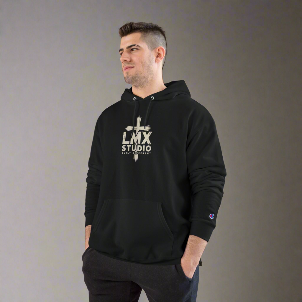 Champion × LMX Studio Hoodie – Premium Black Pullover Sweatshirt with Distressed Cross Logo | Built Different Streetwear
