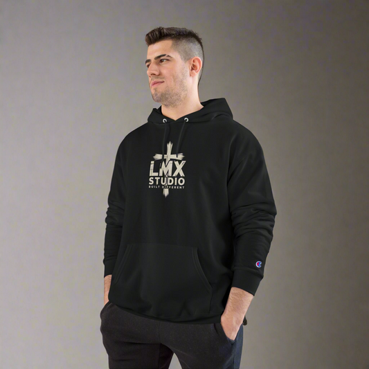 Champion × LMX Studio Hoodie – Premium Black Pullover Sweatshirt with Distressed Cross Logo | Built Different Streetwear