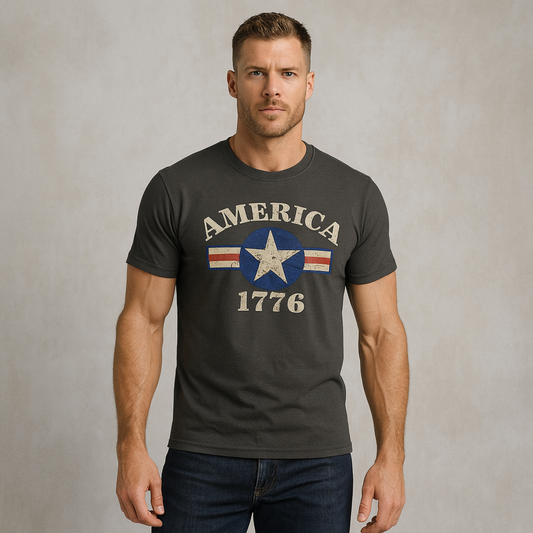 America 1776 Graphic Tee – Distressed Vintage Shirt | Heavy Metal Gray | LMX Studio