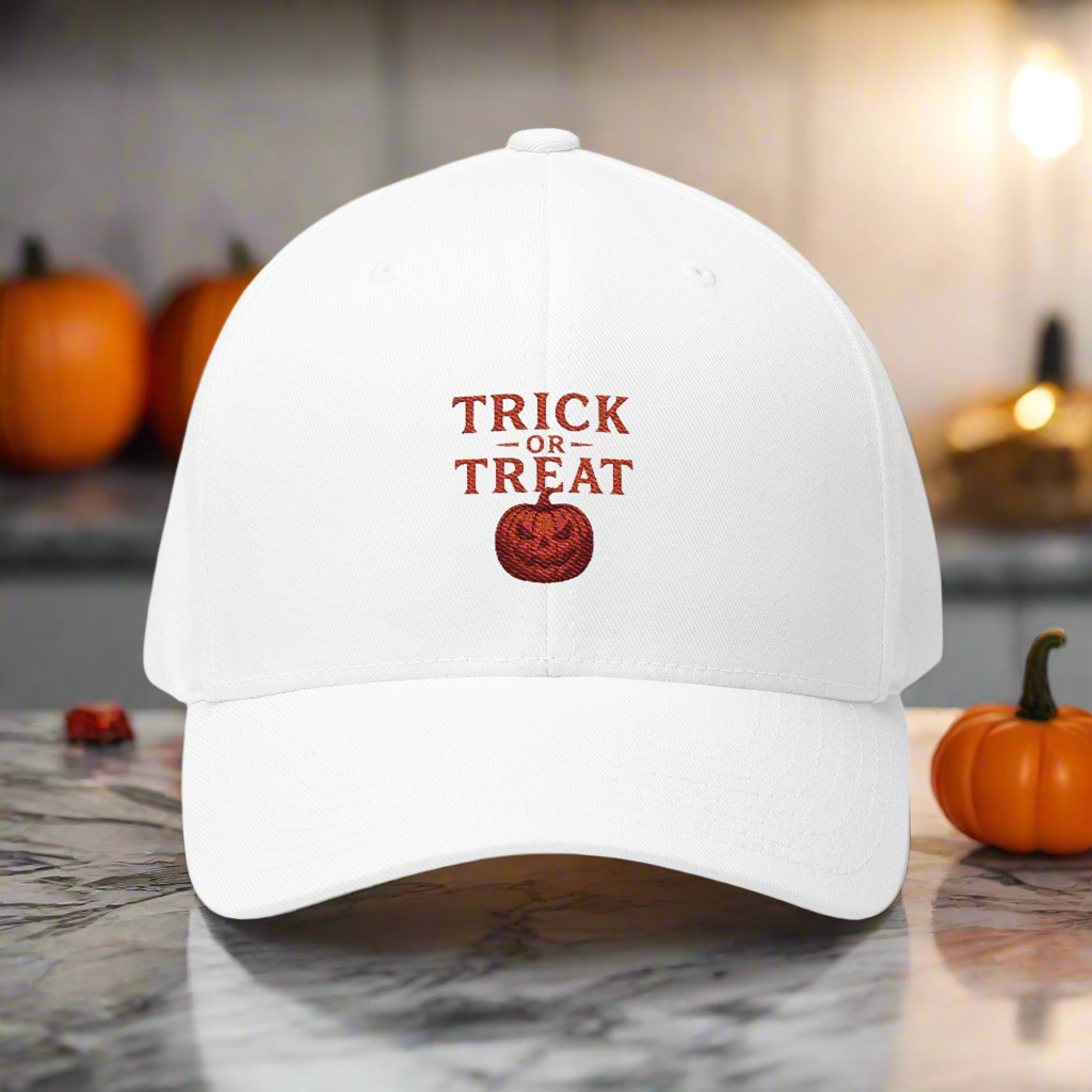 LMX Studio FlexFit Trick or Treat Halloween Hat in Black or White Premium Chrome Design with LMX Studio and Lawrence Michael Branding
