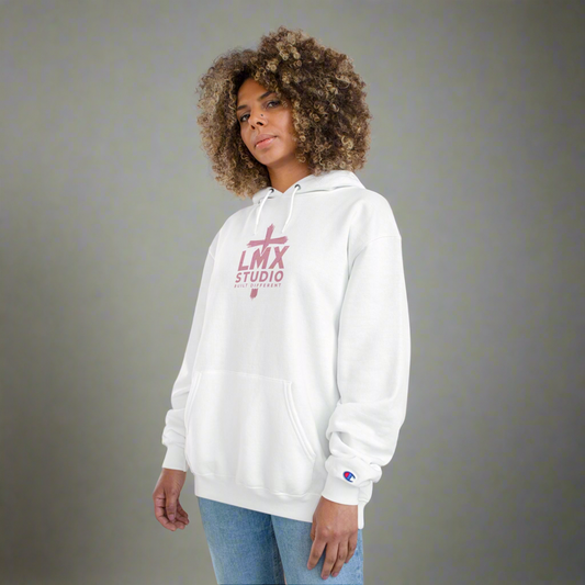 LMX Studio Women’s Champion Hoodie – Premium Streetwear with Distressed Pink Cross Logo