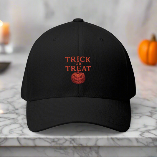 LMX Studio FlexFit Trick or Treat Halloween Hat in Black or White Premium Chrome Design with LMX Studio and Lawrence Michael Branding