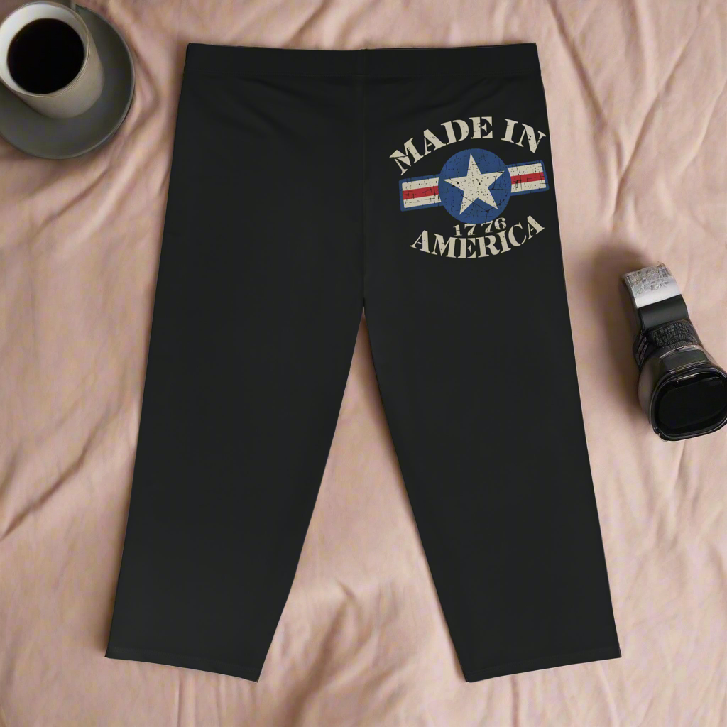 Patriotic Women’s Capri Leggings – “Made in America” 1776 Star Logo | Athletic USA Pride Workout Pants