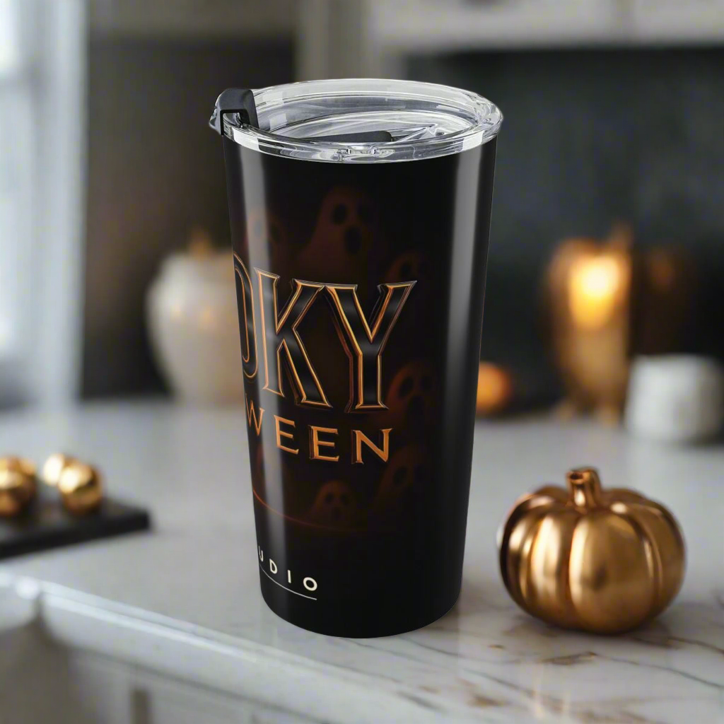 LMX Studio 20oz Premium Stainless Steel Tumbler – Spooky Halloween Limited Edition | Double Wall Insulated Coffee Cup | Black and Orange Chrome Design