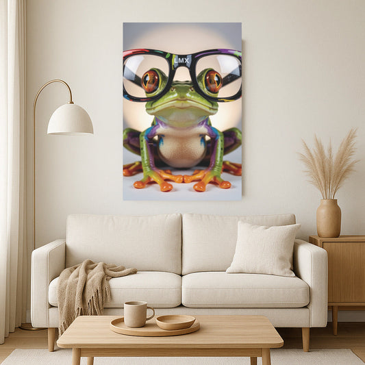 LMX Signature Frog Wall Art — 24×36 Gallery Wrapped Canvas | Colorful Red-Eyed Tree Frog with Glasses | Modern Pop Art by Lawrence Michael