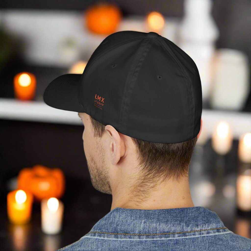 LMX Studio FlexFit Trick or Treat Halloween Hat in Black or White Premium Chrome Design with LMX Studio and Lawrence Michael Branding