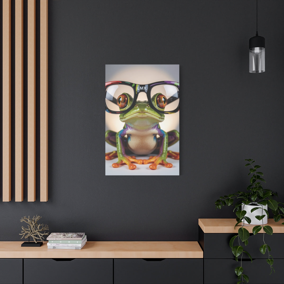 LMX Signature Frog Wall Art — 24×36 Gallery Wrapped Canvas | Colorful Red-Eyed Tree Frog with Glasses | Modern Pop Art by Lawrence Michael