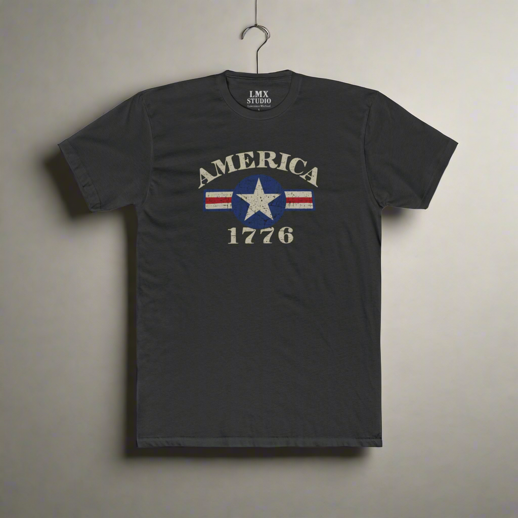 America 1776 Graphic Tee – Distressed Vintage Shirt | Heavy Metal Gray | LMX Studio